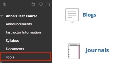 Select tools from course menu to access journals and blogs tool